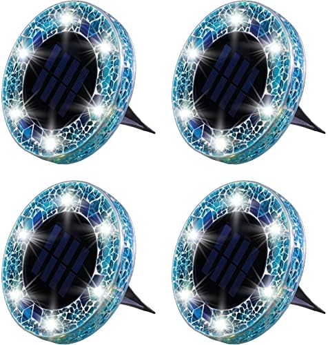 Bell+Howell Disk Lights Solar Ground Lights Mosaic Wireless Auto On/Off Solar Pathway Garden Outdoor Lighting with 6 LED Bulbs for Lawn, Patio, Garden, Yard, Pathways Waterproof, 4 Pack - Blue