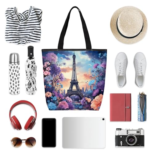 Paris Tower Flower Canvas Tote Bag for Women Large Tote Bag with Zipper & Pockets Canvas Beach Bag Shoulder Bag Reusable Shopping Bags Cute Tote Bags for Work Travel 5