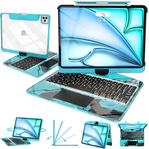 Image of Intermerge Transparent Case with Keyboard for iPad Air 11 inch(M4 / M3 / M2, 2026 /2025 / 2024), Air 5th /4th, Pro 11 inch 2022-2018, 360 Swivel Multi-Touch Trackpad, 7-Color Backlit, Pencil Holder, Aqua Pulse
