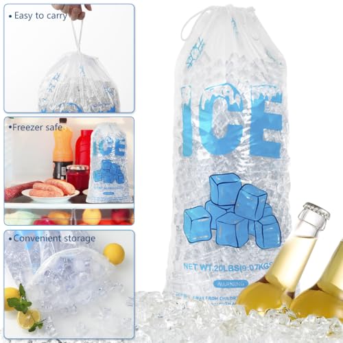 Image of 100 PACK 20 lb. Plastic Ice Bags with Cotton Draw String 14 x 28 Inch Heavy-Duty Plastic Ice Storage Bags with Draw String (2.8mil Thickness, Ice Cube pattern)