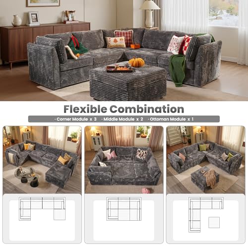 Image of ovios Modular Sectional Sofa Couch with L-Shape Chaise Ottoman, Comfy Plush Corduroy Cloud Couches, Modern Luxury Deep Seat Sofas Set for Living Room, 6-Seater, Grey