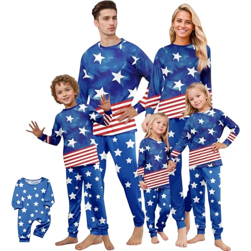 4th of July Family Outfits Matching Pajamas Set- Patriotic American Flag Long Sleeve Top Pj Pants for Men Women & Kids