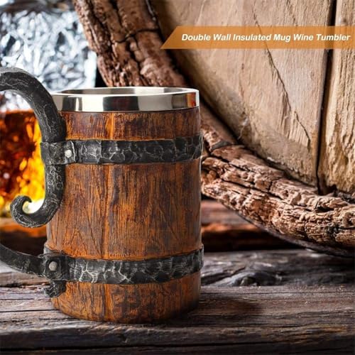 LAUGOKOBE Wooden Barrel Beer Mug, Large Viking Cup Wood Style Beer Stein with Handle, Double Wall Stainless Steel Tankard Mug, Antique gifts for Men Bar Restaurant Renaissance Accessories by LAUGOKOBE - Image 4