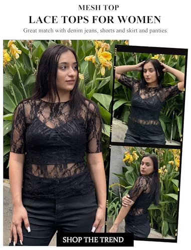 Avidlove Mesh Top for Women Short Sleeve Crew Neck Fitted Top Solid & Floral Lace Tee Shirts2