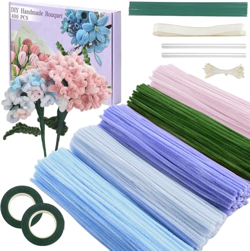 Chenille Pipe Cleaners Craft Kit: 400-Piece 4-Color Floral Wire Set Solution for DIY Crafters Hobbyists - Creates Flowers Decorations for Home Party School Art Projects (With Tape Stamen Ribbon)