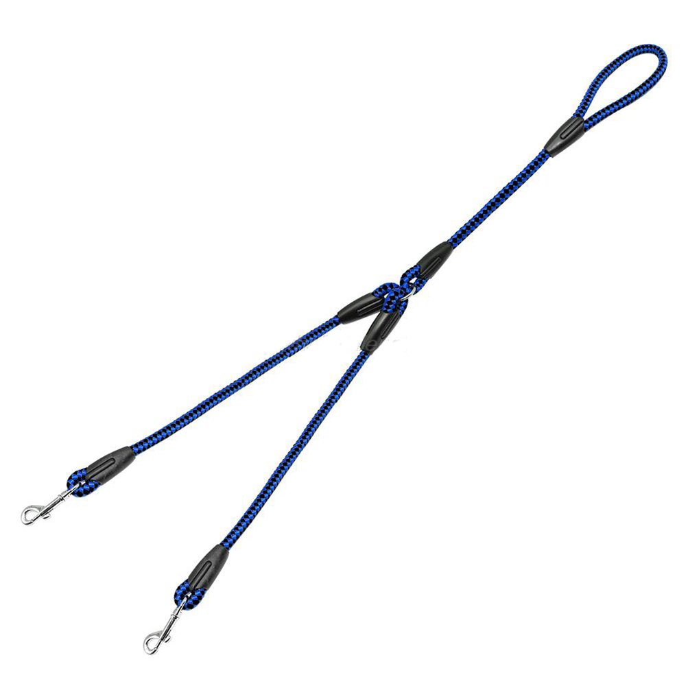 Kuntrona Braided Double Dog Leash Nylon 2 Way Coupler Rope Two Dogs Walking Leads 4 Colors 50 Inch Length for Small Breeds Blue Black M