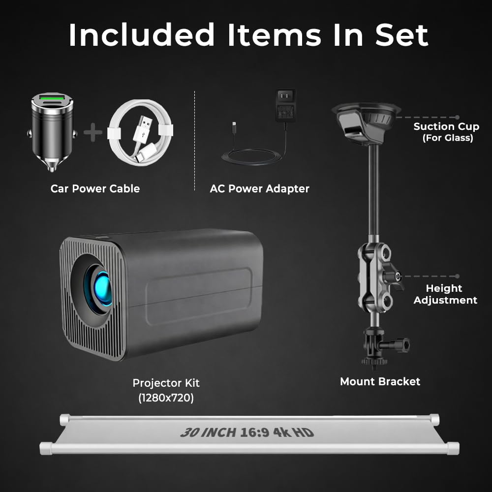 Proiettore per auto, mini proiettore portatile per esterni con schermo da 9,1 m (16:9), supporta 4K HD, ideale per auto, viaggi e serate cinematografiche all'aperto