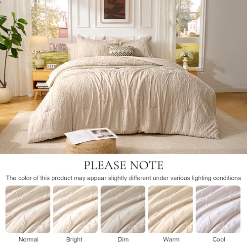 Image of 7 Pieces Bow Tufted Boho Comforter Set Khaki Farmhouse Shabby Chic Embroidered Bedding for All Seasons King Size with Comforter Sheets Pillowcases Shams