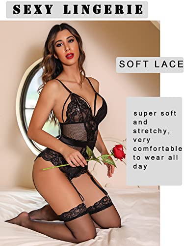 Donnalla Women Lingerie Set with Garter Belt Sexy Lace Bodysuit Fishnet One Piece Teddy (No Stockings)(Black Medium)