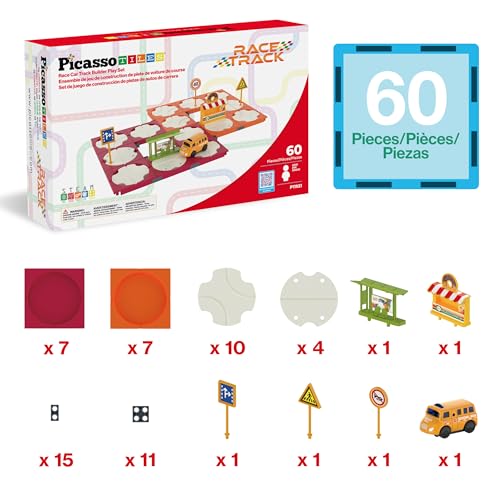 Image of PicassoTiles 60pc Race Car Track Builder Set Rotating Reversible Racetracks with School Bus Toy Vehicle and Accessories STEM Learning Construction Building Playset for Toddler Boys Girls Ages 3+ PTR21