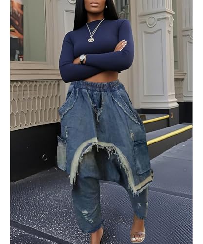 Women's Baggy Stretchy Denim Harem Pants Elastic High Waisted Washed Distressed Ripped Raw Edge Wide Leg Jeans2