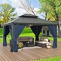 ALAULM 12'x14' Hardtop Gazebo, Outdoor Double Roof Canopy with Netting and Curtains, Galvanized Metal Frame, Sunshade for Patio, Backyard, Deck and Lawns-Dark Blue
