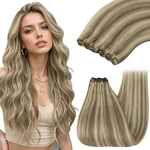 Image of YoungSee Human Hair Weft Extensions Highlight, 16 Inch 100g Straight Hair, Sew in Extensions Real Human Hair, Light Brown with Platinum Blonde Highlight, Double Weft Hair Extensions for All-day Wear