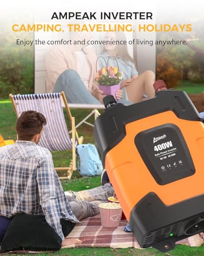Ampeak 400W Spannungswandler 12V auf 230V mit 1 EU-Buchse und 4.8A Dual USB Anschluss und Zigarettenanzünderstecker, Geschäftsreise- und Urlaubsauto- Wechselrichter zum Laden von Laptops, iPads
