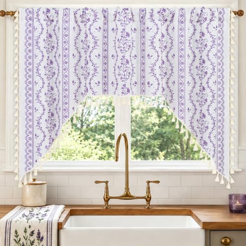 Image of Yinhua Boho Swag Valance Curtains Vintage Linen Valances for Windows Light Filtering Floral Kitchen Valance Rod Pocket Rustic Tassel Window Valances for Bathroom Cafe, 60 inch W x 36 inch L, White Purple
