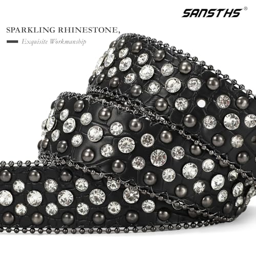 SANSTHS Women Rhinestone Belt for Jeans, Men Western Cowgirl Bling Studded Belt Faux Crocodile Grain Leather2