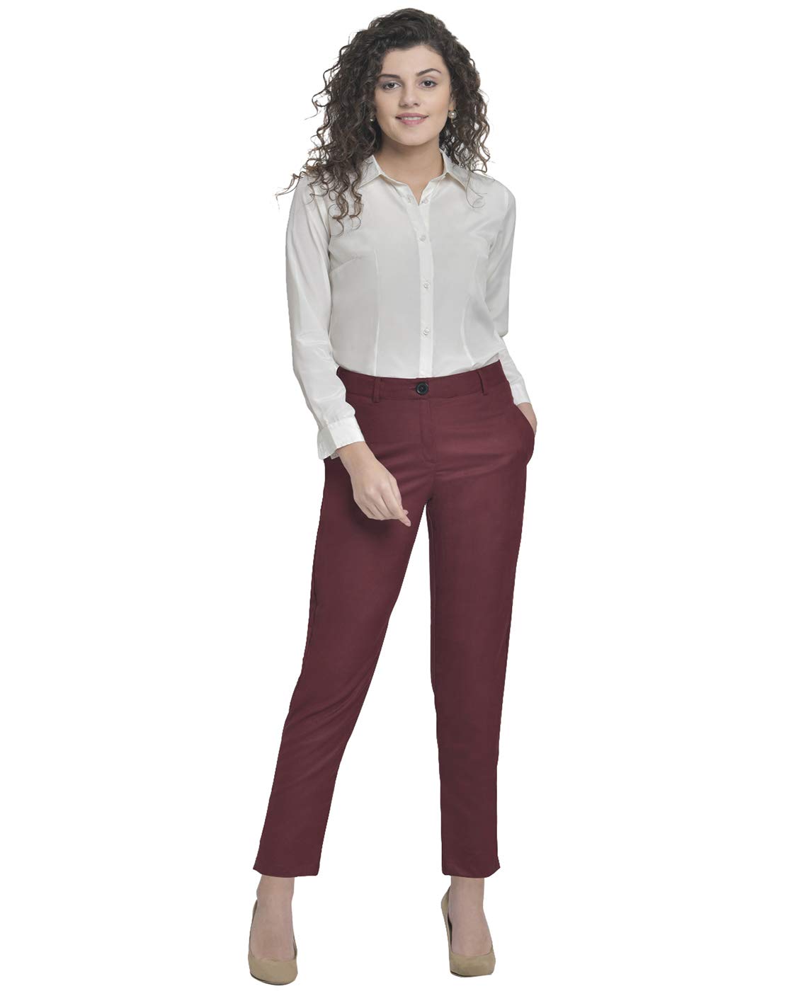 Martini Women Self Check High Waist Pant Straight Fit Formal Office Wear Trouser (Maroon, Size : 28-34)