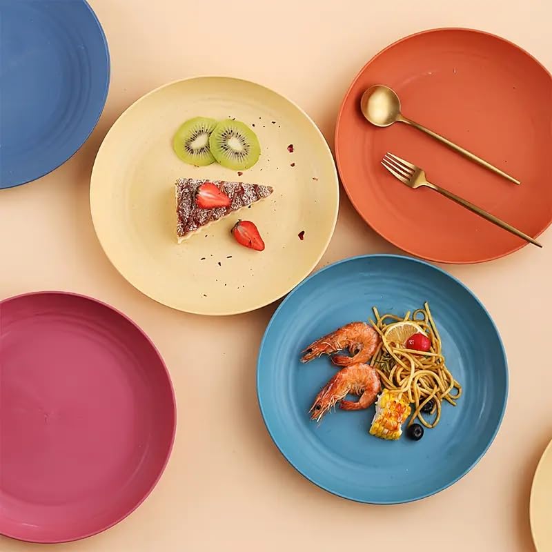 Image of Premium Wheat Straw Plates Set of 4 | Unbreakable Lightweight Dinner Plates | BPA Free Reusable Dishware | Microwave & Dishwasher Safe | Multicolor Serving Plates for Kids & Adults - 23cm