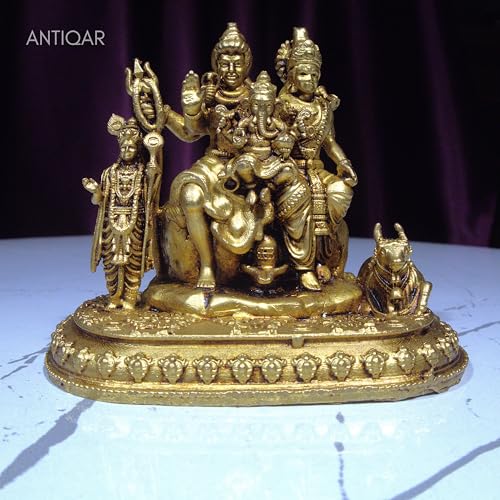 Image of Brass Shiv Parivar Idol 5cm | Antique Golden Finish Lord Shiva Parvati Ganesh Kartikeya Statue | Handcrafted Brass Murti for Pooja Temple Home Office Decor Spiritual Navratri Diwali Gift Showpiece
