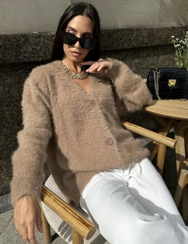 COZYPOIN Womens Fuzzy Mohair Cardigan Open Front Button Down V Neck Long Sleeve Sweater Slouchy Drop Shoulder Knit Coat4