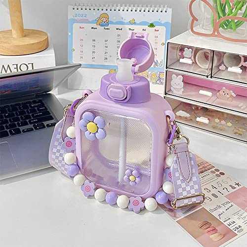 Kawaii Water Bottle For Girls Cute Water Bottles With Straw, Portable Leak Proof Square Kawaii Water Bottle With Stickers And Adjustable Strap - For Outdoor Sports Travel, Bpa-Free, 24Oz (Purple) #TOP6