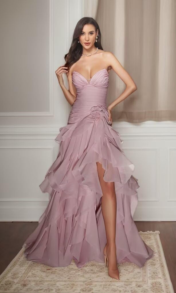 Strapless Prom Dresses 2026 Long Tiered Ruffle Tulle A Line Sweetheart Neck Formal Evening Ball Gowns with Slit - Image 4