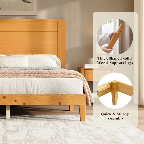 Image of AMERLIFE Queen Size Bed Frame with 48 inch Tall Headboard, Mid Century Modern Solid Wood Platform Bed with Silent Wood Slat System, No Box Spring Needed, Under-Bed Storage, Natural
