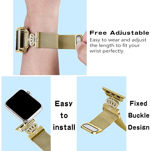 Magnetic Band Compatible with Apple Watch 38mm 40mm 41mm 42mm 44mm 45mm 46mm Stainless Steel Metal Strap with Bling Case and Built-in Screen Protector, Dressy Milanese Loop iWatch Bands for Women