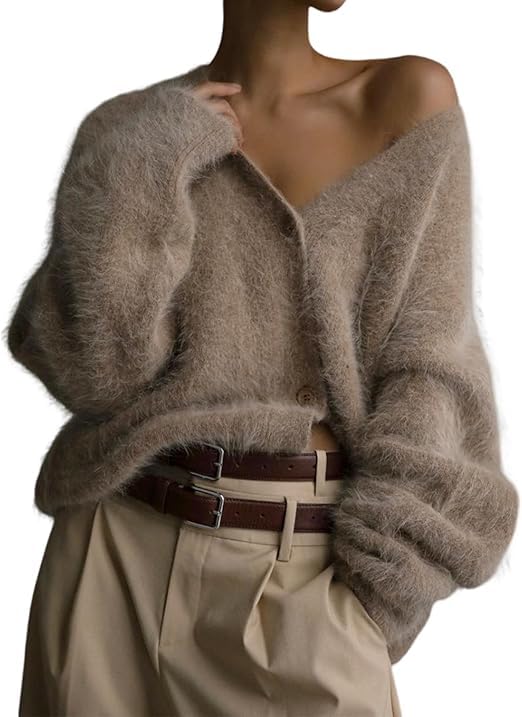 Womens Fuzzy Cardigan Sweater V Neck Long Sleeve Button Down Slouchy Furry Knit Sweaters 2026, Khaki, Small-image-49