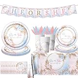 Boho Baby Shower Decorations - 142Pcs Gender Reveal Plates,Napkins,Tablecloth He or She What Will Baby Be Party Tableware for Boy or Girl Gender Reveal,Neutral Baby Shower Party Supplies