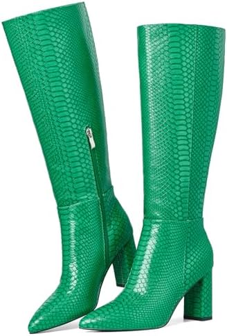 LinnOaks Knee High Boots Women Chunky Heel Wide Calf Gogo Leather Elastic Pointed Toe Side Zipper Fashion Casual Party Dress Long Tall Boots For Women