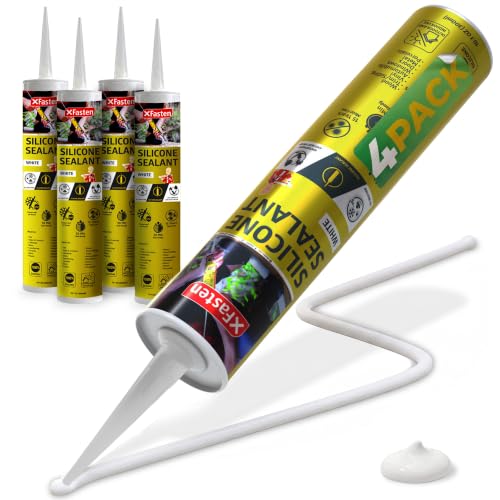 XFasten White Silicone Caulk 10.1oz (4-Pack, 40.4oz Total) Odorless 100% Silicone Waterproof Sealant for RV Caulking Exterior, Aquarium Silicone, Bathtub Caulk, Window | Weatherproof Bathroom Caulk