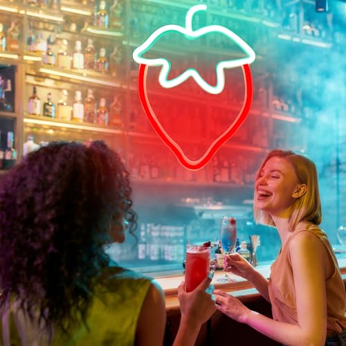 Image of Strawberry Neon Sign Red Green Strawberry Neon Lights for Cute Fruits USB Battery LED Sign for Room Restaurant Bar Fruit Shop Green Grocery Wall Decor