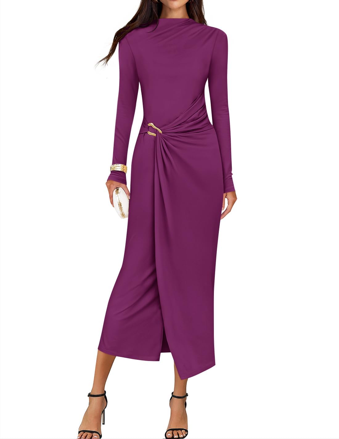 ZESICA Women's 2025 Fall Long Sleeve Bodycon Dress Mock Neck Wedding Guest Cocktail Party Long Midi Dresses, Eggplant, S