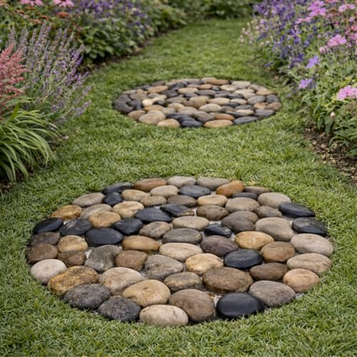 Natural River Pebble Stepping Stones with PVC Mesh Backing 32cm Diameter Pack of 2 No Fixing Required for Lawns Garden Paths and Beds