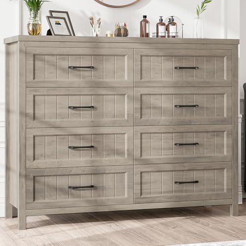 Jocoevol Farmhouse Dresser 8 Drawer Dresser for Bedroom, Large Wooden Dressers Double Grey Dresser with Deep Drawers Dressers for Hallway, Entryway (Gray)