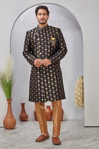 Indian Designer Wedding Festive Wear Jacquard Indo-Western Sherwani Pajama Set For Men4