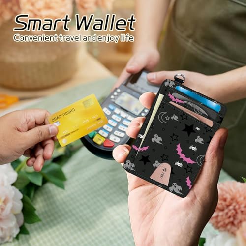 Image of Small Travel Wallets, Gothic Skull Moon Stars Bat Slim Minimalist Front Pocket Wallet with Wristlet, RFID Blocking PU Leather Credit Card Holder with ID Window Change Purse for Men Women
