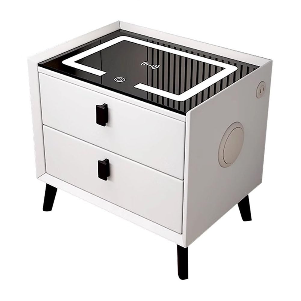 ASerZenith Smart Side Table With Charging Station,Nightstand With 3 Color Led Lights,End Table Bedroom Furniture Side Table,White-45X40Cm
