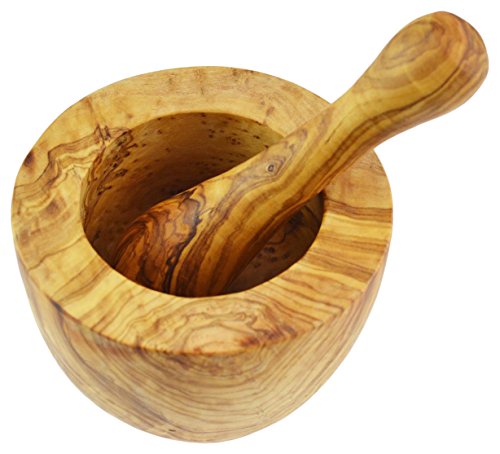 D.O.M. Olive Wood Mortero y pilón de Madera de Olivo, Soporte Plano, Color Grano/Natural