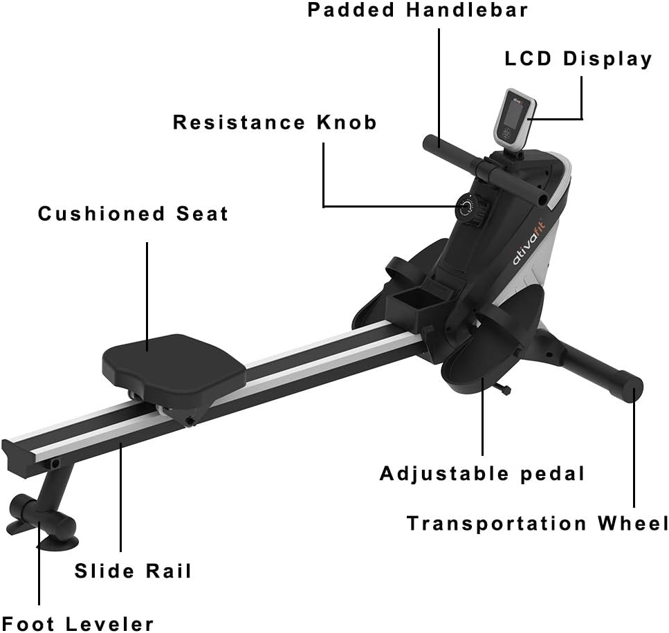 ATIVAFIT Magnetic Rower Rowing Machine 8 Level Adjustable Resistance Exercise for Whole Body with LCD Monitor for Home Use Folding Magnetic Rower