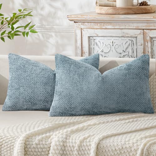 Image of MIULEE Pack of 2 Coastal Blue Lumbar Throw Pillow Covers 20x12 Inch Summer Modern Boho Accent Decorative Pillow Covers Soft Chenille Farmhouse Cushion Covers for Home Couch Decor Bed Sofa Living Room