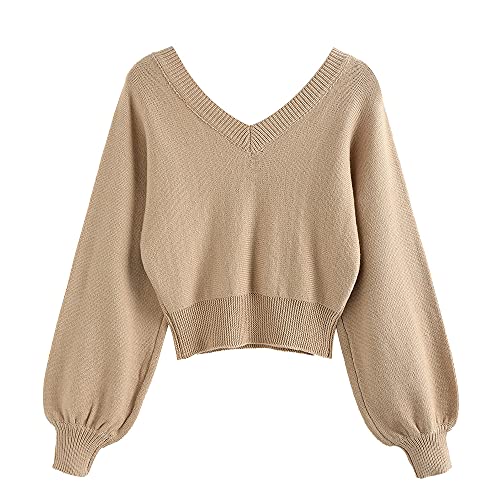 Image of ZAFUL Women's Cropped Sweater V-Neck Long Sleeve Pullover Jumper Knit Top | Crop Length, Ribbed Knit, Double V design, White sweater, Raglan sleeves, lantern sleeve, Fall & Winter, Loose fit, Oversized