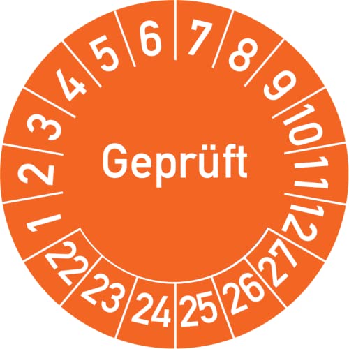 Geprüft Prüfplakette, 100 Stück, in verschiedenen Farben und Größen, Prüfetikett Prüfsiegel Plakette (30 mm Ø, Orange) Cover