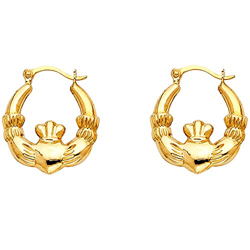 14k REAL Yellow Gold Fancy Claddagh Hoop Earrings (15 x 15mm)