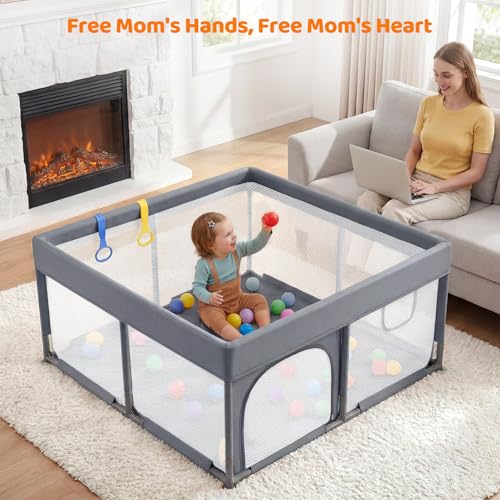 Image of Dripex Baby Playpen, 47 inchx47 inch Small Play Pen for Babies, Light Grey | With Buildmat /Colorful Balls / Pull up Rings, Breathable Visible Mesh, Easy Setup, Indoor /Outdoor Use