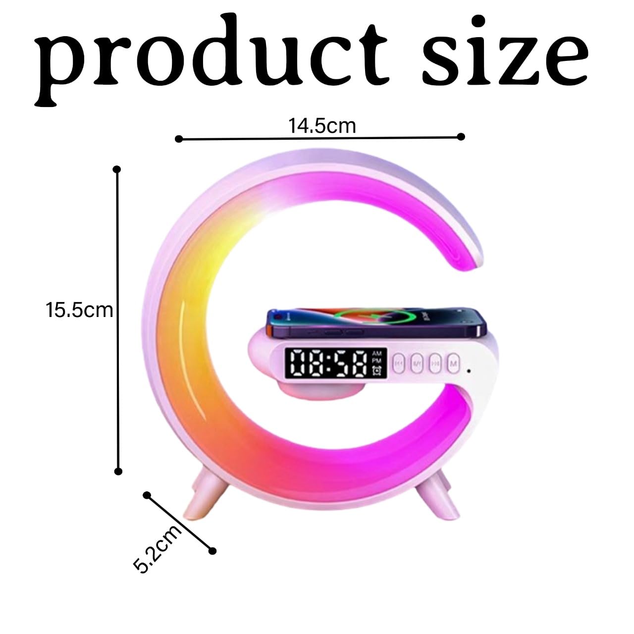 OrionMart Alarm Clock G Shaped Bedside Lamp Wireless Charger & Speaker - Color Changing Table Lamp Night Light - Premium Gift Idea - Image 4