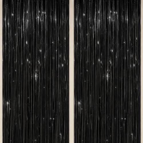Image of DECOCKRAT 2 Pack Foil Fringe Backdrop - Black Shiny Tinsel Curtains for Party Decoration /Photo Booth Props - 3.3x6.6 FT Metallic Foil Backdrop for Birthday, Wedding, Graduation, Christmas.