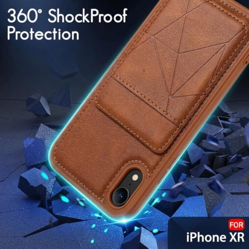 Image of amazon basics Premium Vegan Leather Back Cover with Card Holder and Integrated Mobile Stand for iPhone XR - Slim Shockproof Wallet Case with Geometric Stitching [Tan]