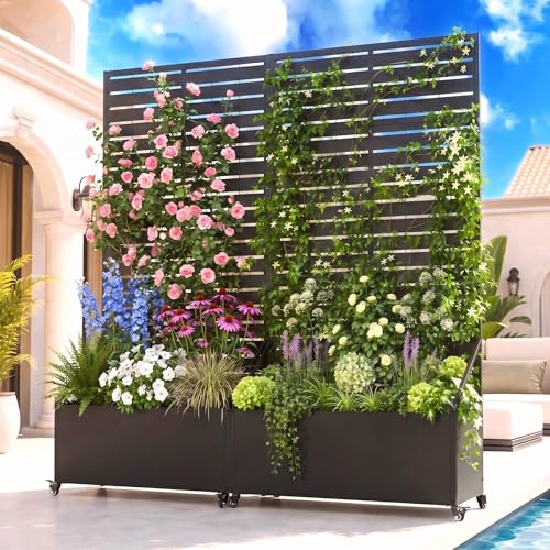 Cuzobro 73" Privacy Planters for Patio with Wheels, 47" Wide Metal Raised Garden Bed with Trellis & Privacy Screen, Mobile Outdoor Planter Box for Climbing Plants, Poolside, Black Louvered, 2 Pack